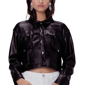 For Love & Lemons Afton Faux Leather Jacket Black Fringe Trim Cropped NEW S